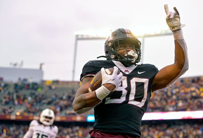 Oct 28, 2023; Minneapolis, Minnesota, USA; Minnesota Golden Gophers running back Jordan Nubin (30) celebrates his touchdown run against the Michigan State Spartans during the fourth quarter at Huntington Bank Stadium. Mandatory Credit: Nick Wosika-USA TODAY Sports