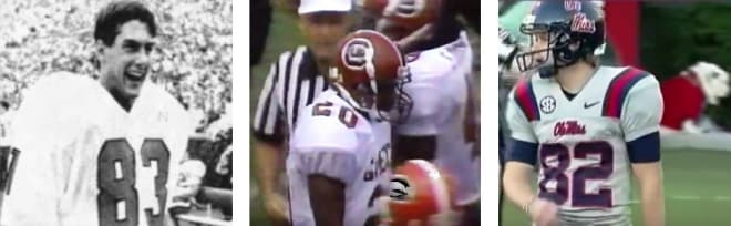 Playing against the Bulldogs in Sanford Stadium, (L to R) DEREK DOOLEY of Virginia in 1987, South Carolina's REGGIE RICHARDSON in 1993, and Ole Miss' JIM BROADWAY (with Georgia's Uga IX over his shoulder) in 2012.