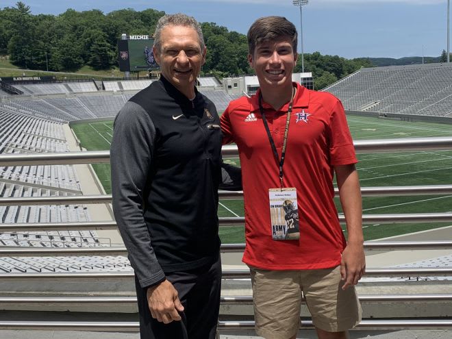 Kicker Anderson Britton with Army Head Coach Jeff Monken during ‘Knights on the Hudson’ event on Friday