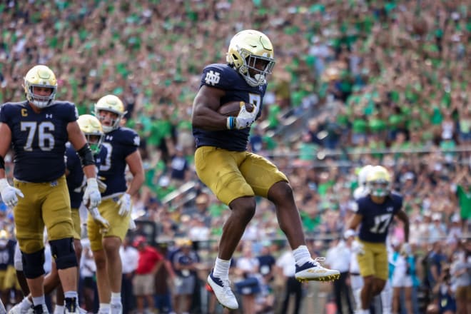 Notre Dame football defeated Tennessee State in its home opener on Saturday. Running back Audric Estimé found the endzone once and finsihed witha. team-high 116 rushing yards.