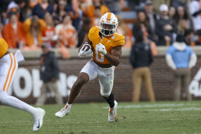 Nov 25, 2023; Knoxville, Tennessee, USA; Tennessee Volunteers running back Jaylen Wright (0) runs the ball against the Vanderbilt Commodores during the first half at Neyland Stadium.