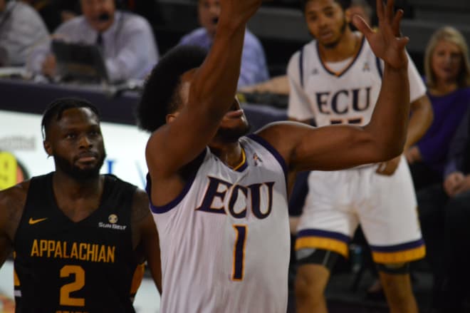 Jayden Gardner scores in the paint in ECU's 83-81 comeback win over Appalachian State Friday night.