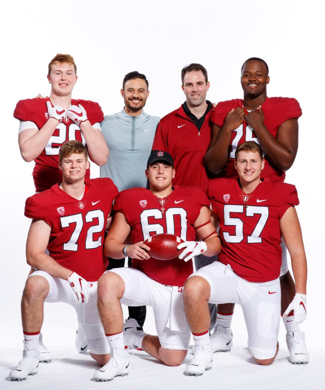 Top Row: From left, James Pogorelc, offensive coordinator Tavita Pritchard, offensive line coach Kevin Carberry, Myles Hinton. Front Row: From left, Connor McLaughlin, Drake Metcalf and Levi Rogers.