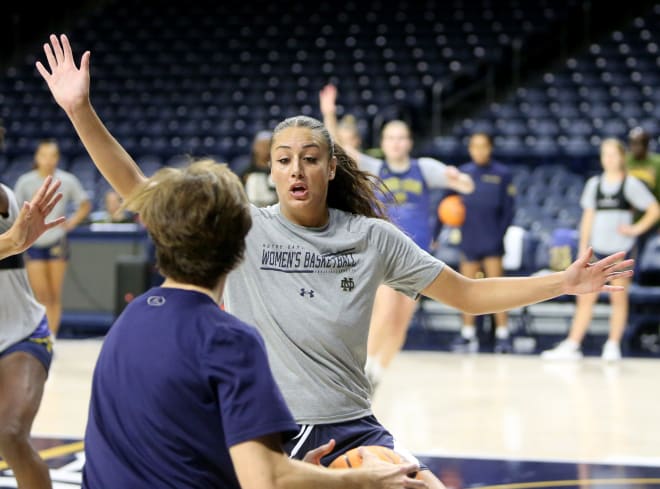 Senior forward Kylee Watson runs through a defensive drill during a recent Notre Dame women's basketball practice session.