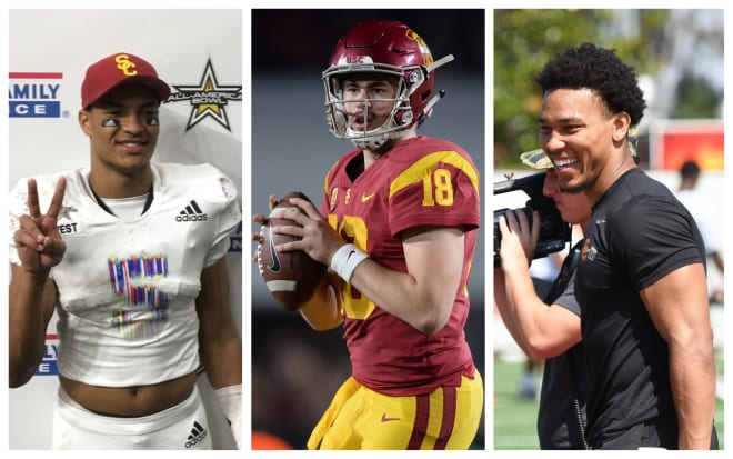 Incoming 5-star WR Bru McCoy, from left, USC QB JT Daniels and WR Amon-Ra St. Brown starred together at Mater Dei High School.