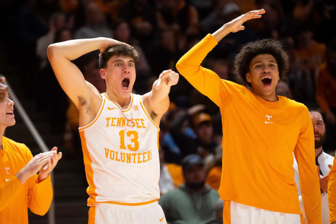 Tennessee forward J.P. Estrella (13) and Tennessee guard Cameron Carr (43) react to a Jonas Aidoo dunk during a basketball game between Tennessee and Norfolk State held at Thompson-Boling Arena at Food City Center on Tuesday, January 2, 2024.