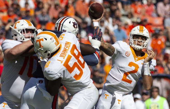 Jarrett Guarantano (2) threw for 328 yards and two touchdowns in Tennessee's upset of Auburn in 2018.