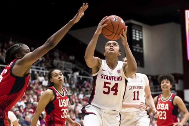 Stanford guard Jenna Brown (54) shoots against Team USA in the fourth quarter of an exhibition women's basketball game, Saturday, Nov. 2, 2019, in Palo Alto, Calif. 