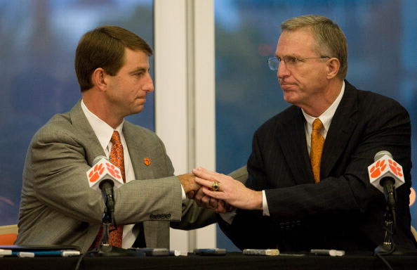 Dabo Swinney is shown here on December 1, 2008 with then Clemson athletics director Terry Don Phillips being formally introduced as Clemson's next head football coach.