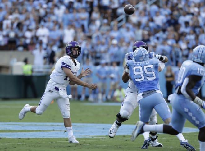James Madison quarterback Bryan Schor throws a pass during the Dukes' 56-28 loss at North Carolina in Chapel Hill, N.C., last year.