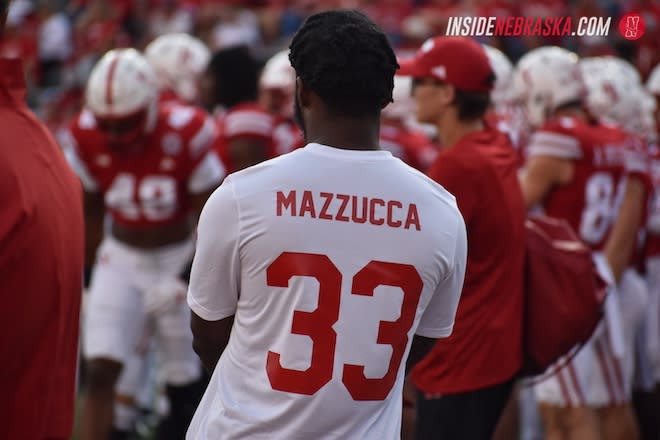 Maurice Mazzccua, whose name is misspelled on the back of this shirsey (t-shirt/jersey), was mostly on the sidelines for Nebraska last season, including at this home game against Northern Illinois