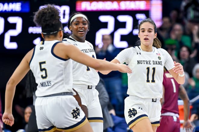 Irish sophomore guards Olivia Miles (5) and Sonia Citron (11) earned All-ACC first-team honors Tuesday, while KK Bransford (center) made the league's All-Freshman team.