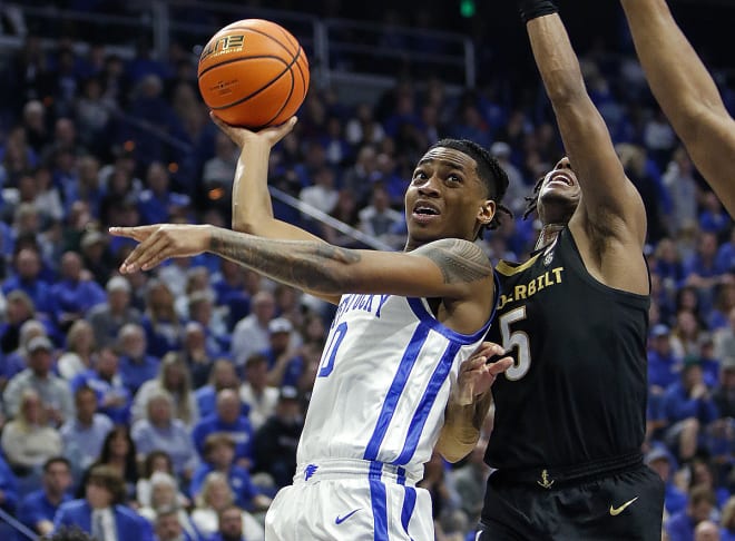 Kentucky freshman guard Rob Dillingham drove to the basket for two of his game-high 23 points on Wednesday in the Wildcats' 93-77 win over Vanderbilt.