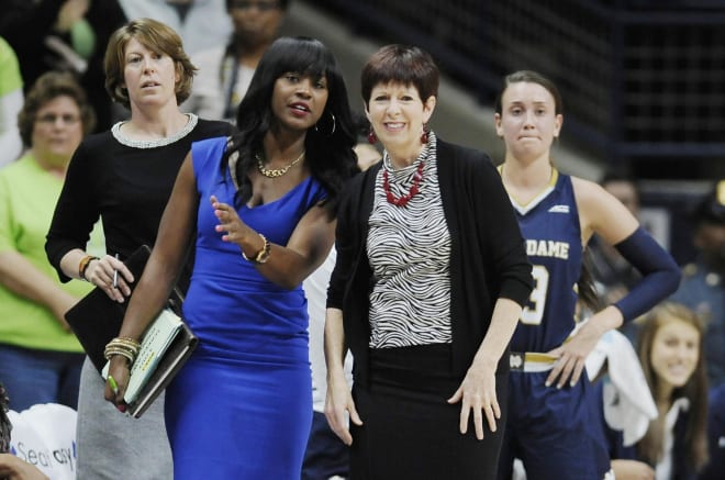 Notre Dame women’s basketball head coach Niele Ivey with her mentor and predecessor Muffet McGraw