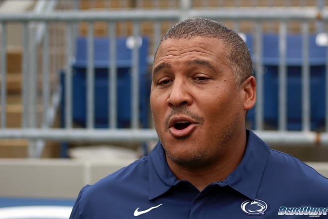 Penn State running backs coach Ja'uan Seider speaks at the Nittany Lions' preseason media day. BWI photo/Greg Pickel