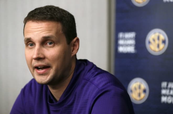 LSU head coach Will Wade answers questions during the Southeastern Conference men's NCAA college basketball media day Wednesday