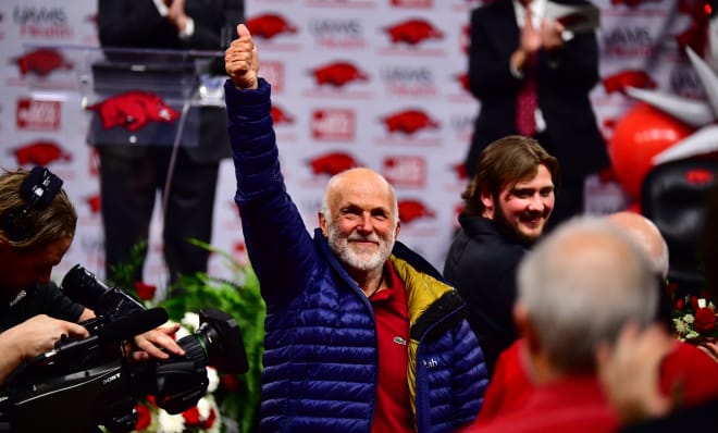 Tyson Foods CEO John Tyson receives a standing ovation at Arkansas head coach John Calipari's introductory press conference inside Bud Walton Arena on April 10. 