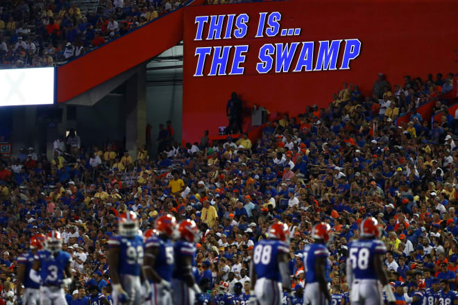 A general view of the sign "This is... The Swamp" in Steve Spurrier-Florida Field at Ben Hill Griffin Stadium.