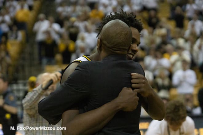 Gates and Kobe Brown embrace after what could be Brown's final game at Mizzou Arena