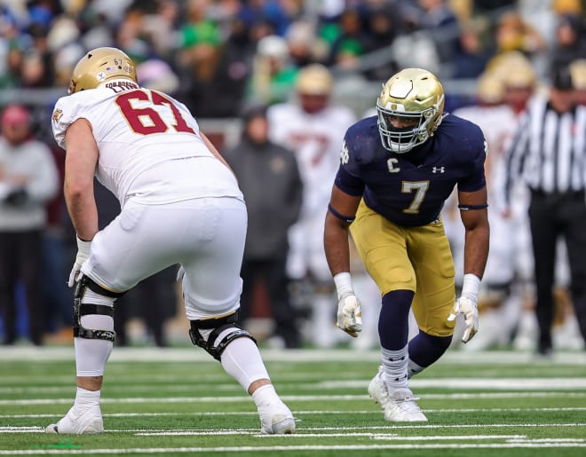 Defensive end Isaiah Foskey (7) left Notre Dame as its career sack leader, with 26.5.