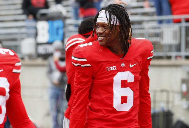 Ohio State receiver Jameson Williams (6) walks off the field following the Buckeyes football spring game at Ohio Stadium in Columbus on Saturday, April 17, 2021. Photo | Imagn