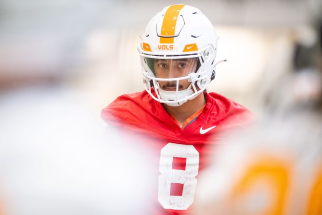 Tennessee quarterback Nico Iamaleava (8) during UT's first spring football practice on Monday, March 18, 2024.