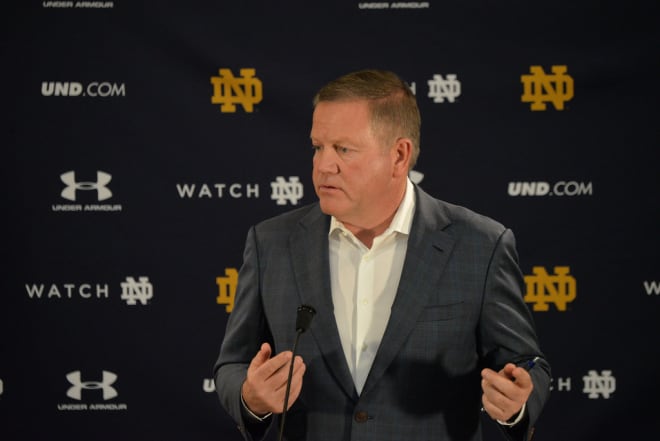 Notre Dame football coach Brian Kelly addresses the media during the opening press conference for spring practice  Tuesday March 7, 2017. (Blue and Gold Photo/Joe Raymond)