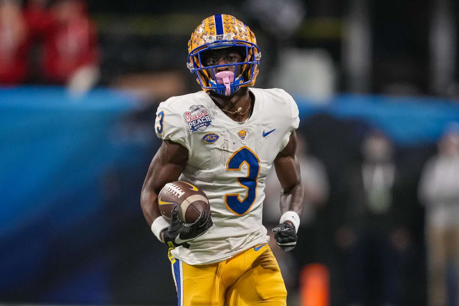 Dec 30, 2021; Atlanta, GA, USA; Pittsburgh Panthers wide receiver Jordan Addison (3) runs after a catch against the Michigan State Spartans at Mercedes-Benz Stadium. 