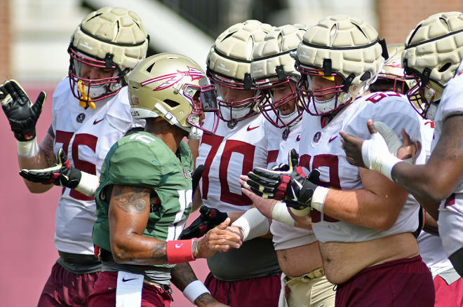 FSU's offensive line, shown during preseason, is eager to build on the successes of Saturday's season opener.