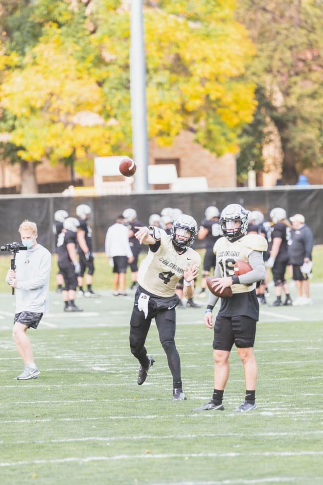 CU's lone senior signal caller, Sam Noyer, makes a throw during practice 