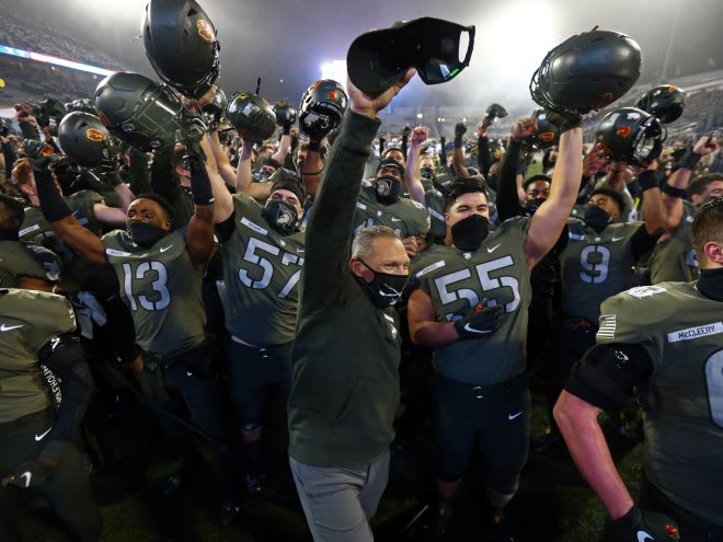 Army Head Coach Jeff Monken and the Black Knights celebrating their win over Navy at Michie Stadium