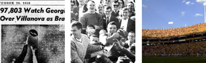 Before at Notre Dame, Georgia's "intersectionals" included one which attracted nearly 100,000 (left), a battle in Ann Arbor in which the only battle won by the hosts was the one for this Confederate flag (center), and a recent one in the desert where nearly 30 percent of the crowd wore red and black.