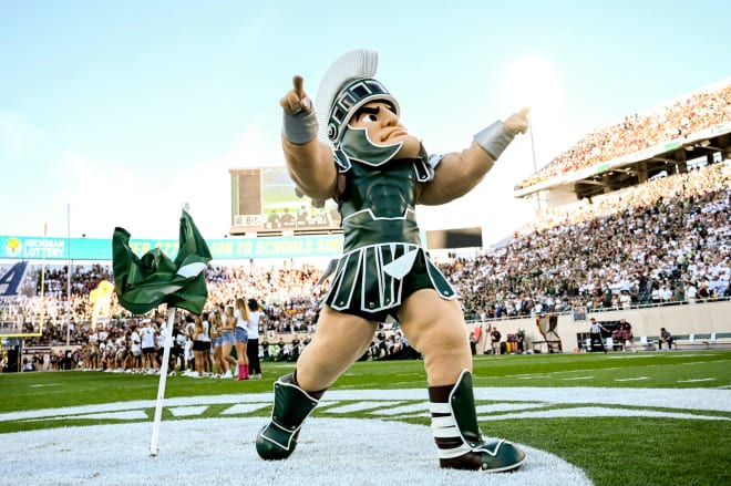 Michigan State mascot Sparty cheers before the football game against Central Michigan on Friday, Sept. 1, 2023, at Spartan Stadium in East Lansing.