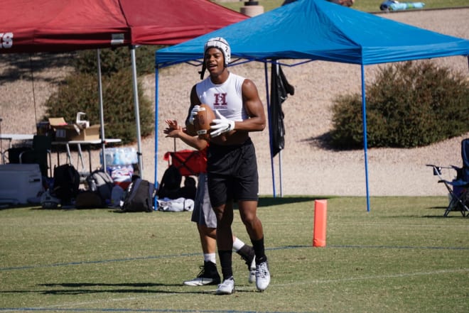 Hamilton wide receiver Brenden Rice at the Nike Scottsdale 7-on-7 tournament last May.  Rice took official visits in June to Colorado and Michigan.  He will play in the Under Armour All-Armour All-American Game in Orlando this January. (Photo by Ralph Amsden)