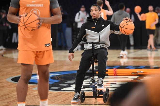 Tennessee guard and New York native Zakai Zeigler takes in Vols' practice ahead of their Sweet 16 matchup with Florida Atlantic at Madison Square Garden on Wednesday.