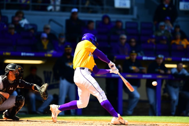 Brayden Jobert hits a two-run homer in the fourth inning of Sunday's 12-1 win over Towson., It was the fourth home run for the Tigers' designated hitter in the first seven games of the season.