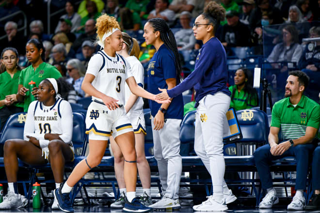 Notre Dame standout freshman Hannah Hidalgo (3) and recovering junior Olivia Miles will join forces for the Irish next season.