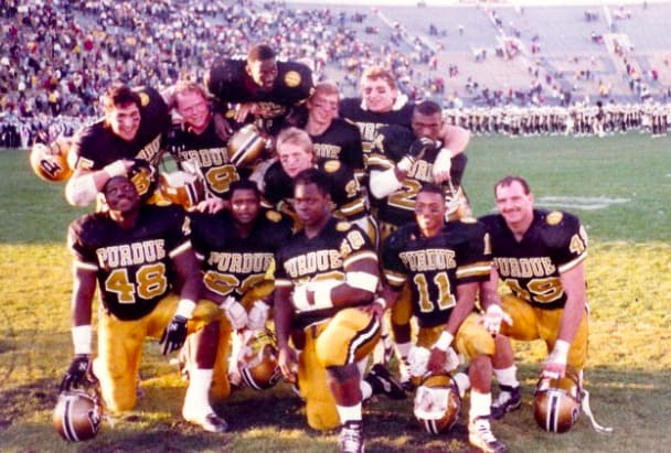 Tony Visco (far right) poses with fellow seniors in 1987. He finished his career in West Lafayette with 351 tackles, which still ranks No. 10 in Purdue annals. 