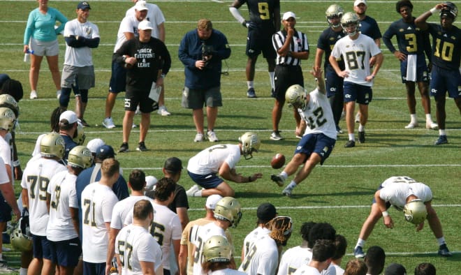 Brent Cimaglia nails a field goal during a practice in Bobby Dodd Stadium 