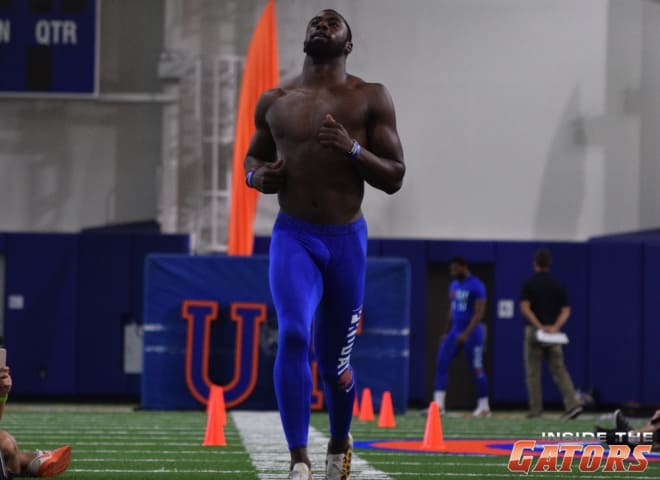 Safety Marcus Maye performs the 40-yard dash