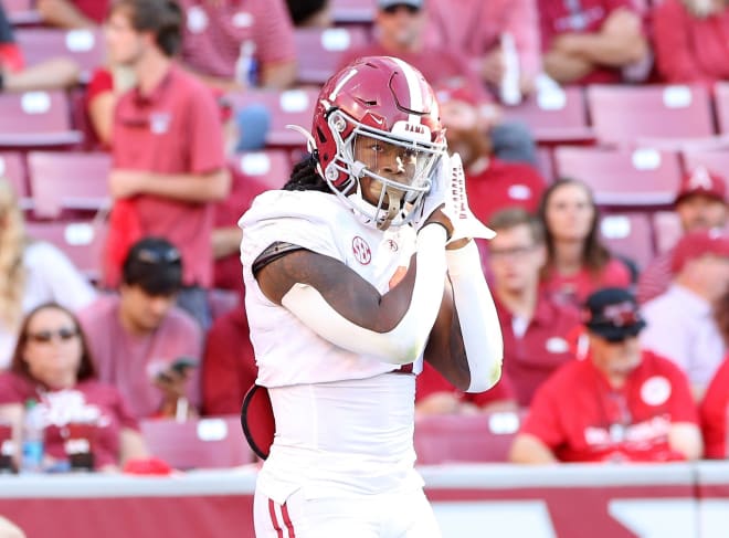 Alabama Crimson Tide running back Jahmyr Gibbs (1) gestures after scoring against the Arkansas Razorbacks at Donald W. Reynolds Razorback Stadium. Alabama won 49-26. Photo | Nelson Chenault-USA TODAY Sports