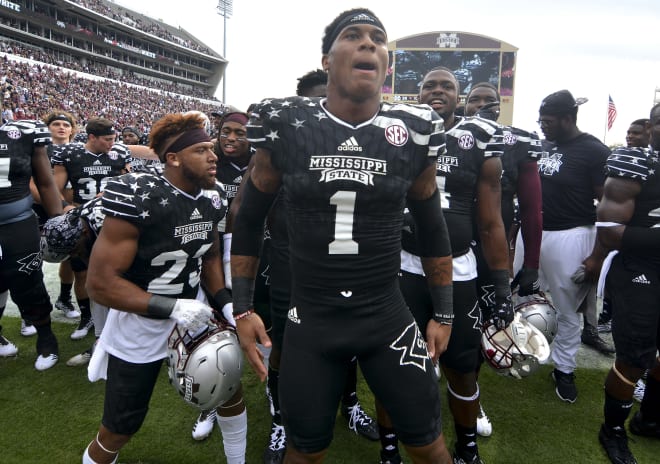 Mississippi State Bulldogs defensive back Brandon Bryant (1) celebrates after the game against the Texas A&M Aggies at Davis Wade Stadium. Mississippi State won 35-28. 