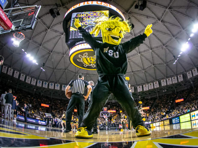 Feb 6, 2020; Wichita State mascot WuShock pumps up the crowd during the second half against the Cincinnati Bearcats at Charles Koch Arena.