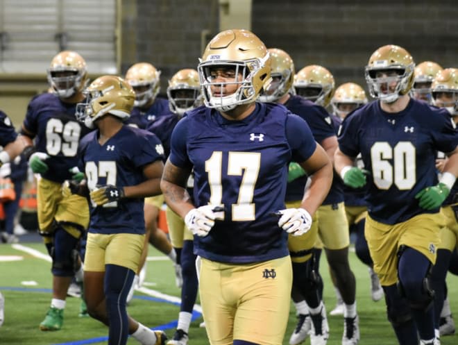 Notre Dame senior wide receiver Isaiah Robertson (17) and junior offensive tackle Cole Mabry (60)