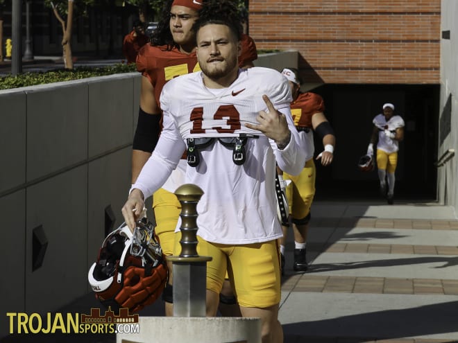 New USC linebacker Mason Cobb, a transfer from Oklahoma State, walks out to practice Wednesday.