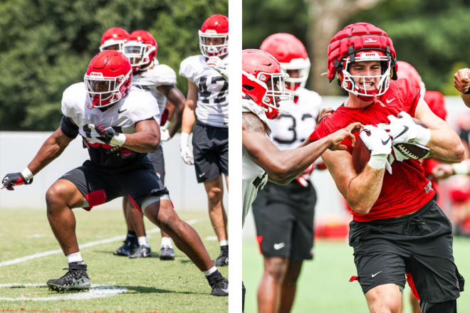 (L) Nakobe Dean and (R) John FitzPatrick during fall camp. (Photos courtesy of Tony Walsh of UGA Sports Comm.)