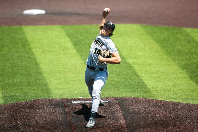 Purdue's Khal Stephen (14) delivers a pitch during a NCAA Big Ten Conference baseball game against Iowa, Saturday, May 7, 2022, at Duane Banks Field in Iowa City, Iowa.