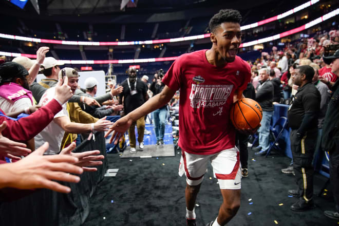 Alabama forward Brandon Miller (24) leaves the court after winning the championship SEC Men s Basketball Tournament game over Texas A&M at Bridgestone Arena Sunday, March 12, 2023, in Nashville, Tenn. Photo | Andrew Nelles / The Tennessean / USA TODAY NETWORK