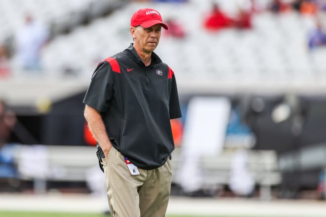 Georgia offensive coordinator and quarterbacks coach Todd Monken during a game against Florida at TIAA Bank Field in Jacksonville, Fl., on Saturday, Oct. 30, 2021. (Photo by Mackenzie Miles/UGA Sports Communications)