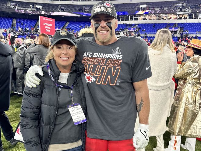 Mother & Son: Monica Christiansen sporting Cole's Army West Point hat following today's Chiefs win over the Ravens